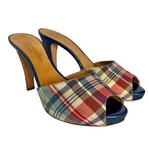 Bettye Muller Roulette Platform Slide Heels - Tartan Plaid Metallic Blue Mules